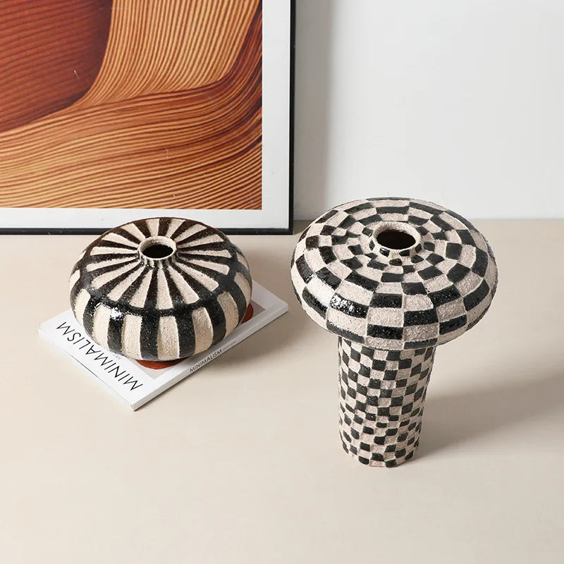 DecorBites™ Geometric Check Ceramic Vase for Home Decor and Floral Arrangements