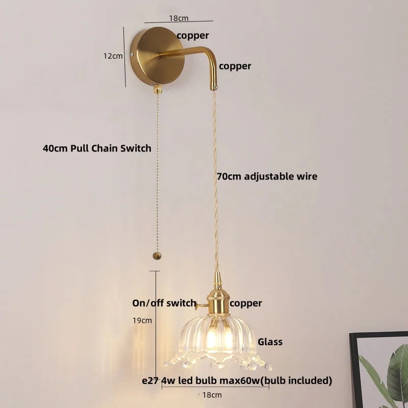 مصابيح جدارية نحاسية زجاجية DecorBites™ LED | مفتاح بسلسلة سحب | مصباح حمام قابل للتعديل