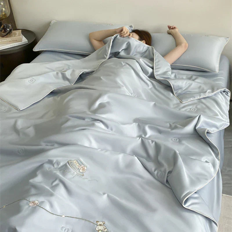 DecorBites™ Ice Rayon Summer Quilt: Bear Floral Embroidery Cooling Thin Blanket - Antimicrobial Comforter