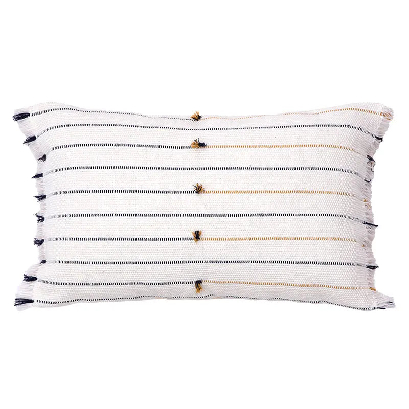 DecorBites™ Handmade Cotton Woven Cushion Tassels - Ivory Black Yellow Stripe Home Decor