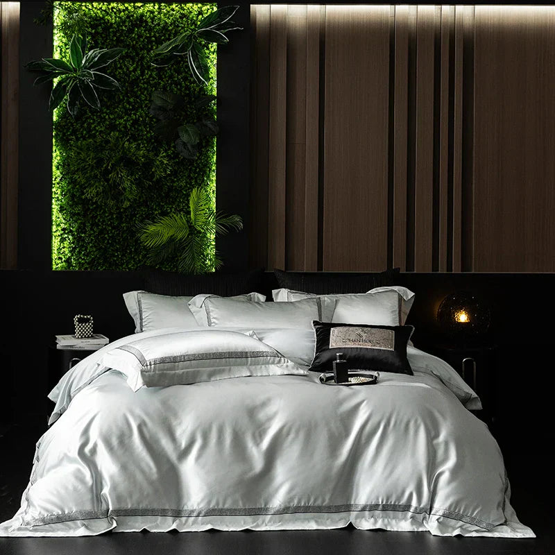 طقم مفرش سرير شامبين فاخر DecorBites™ من قطن مصري حريري - مقاس كوين وكينج
