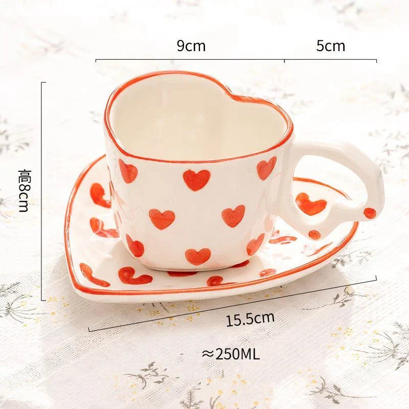 DecorBites™ 250ml Coffee Cup and Saucer Set with Heart Handle Hand-painted Pink Hearts
