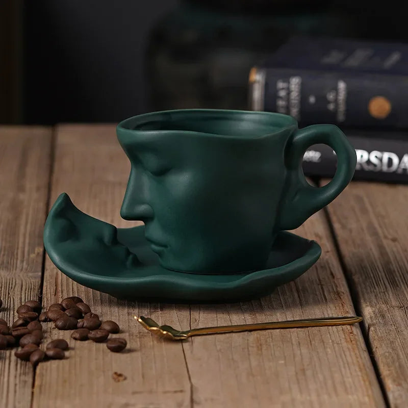 DecorBites™ Frosted Ceramic Face Mug Set: Cup, Saucer, Spoon for Coffee, Tea, Milk