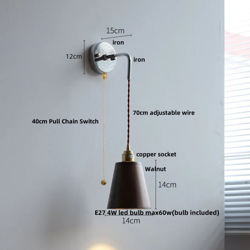 DecorBites™ Ash Wood LED Wall Light with Pull Chain Switch, Japanese Style Bedside Lamp