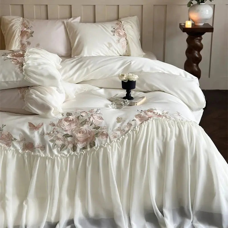 DecorBites™ Luxe Lace Ruffles Wedding Bedding Set Flowers Embroidery Duvet Sheet Pillowcase