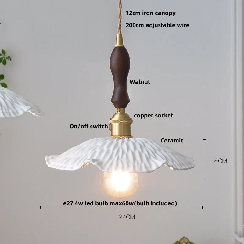 DecorBites™ Ceramic LED Pendant Lamp, Walnut Wood Nordic Hanging Light Fixtures