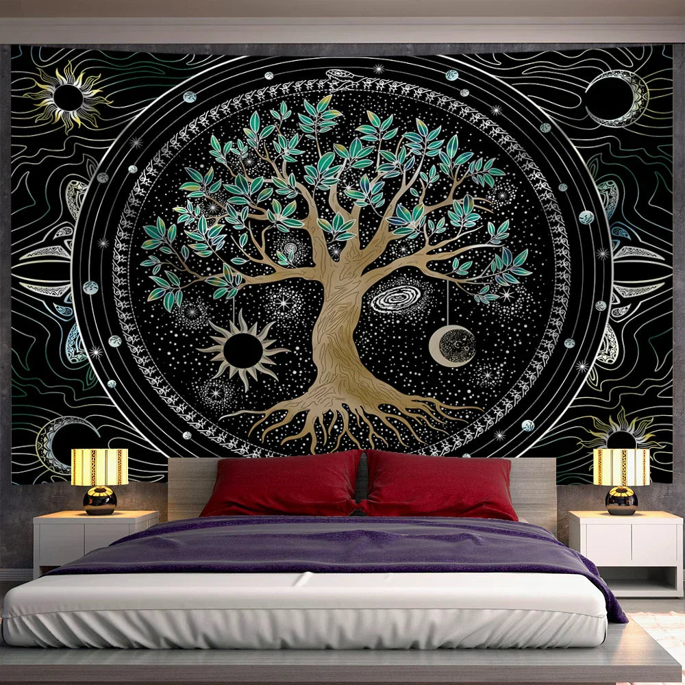 مفروشات حائط من DecorBites™ بتصميم شجرة الحياة الخضراء لديكورات غرف بوهيمية