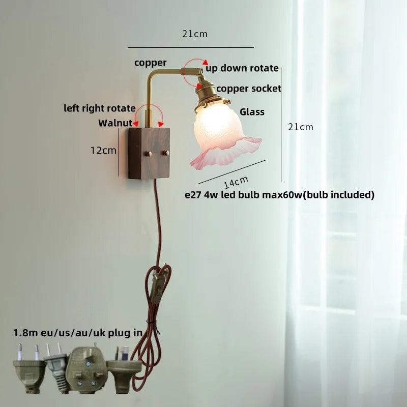 DecorBites™ Glass Pink LED Wall Lights Pull Chain Switch Rotatable Sconce Bedside Lamp