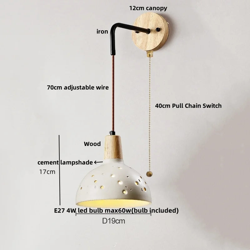 DecorBites™ Adjustable Wall Lights Pull Chain Switch Wood Socket Cement Modern Bedside Lamp