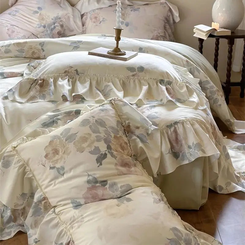 DecorBites™ French Rose Flowers Print Bedding Set, Elegant Ruffles Princess Collection