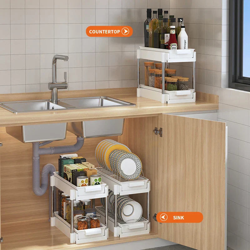 DecorBites™ 2 Tier Sliding Drawer Organizer for Kitchen & Bathroom Cabinet