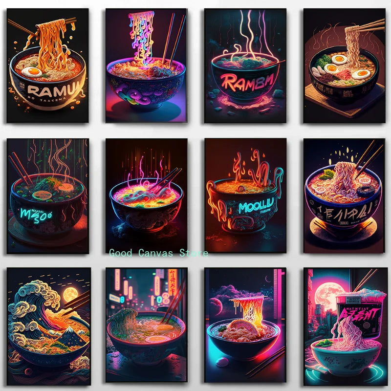 DecorBites™ ملصقات طعام يابانية بإضاءة نيون لوحة قماشية لتزيين مطبخ المنزل