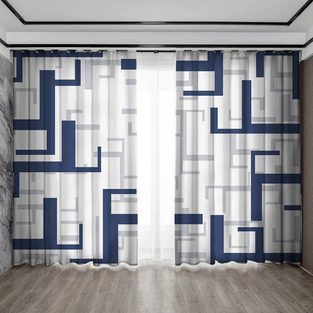 طقم ستائر بطبعة شبكة هندسية DecorBites™ لغرف النوم والحدائق والشرفات