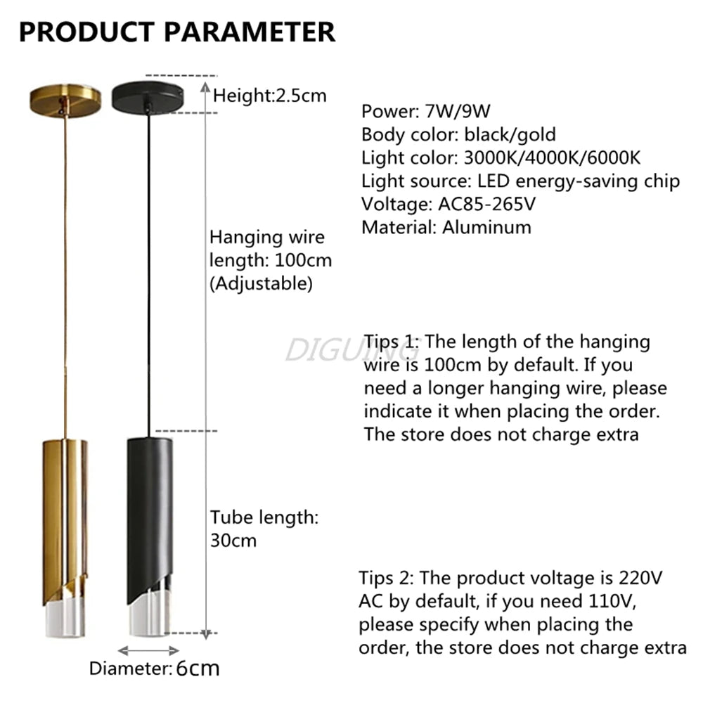 Dimmable Gold and Black Aluminum LED Pendant Light