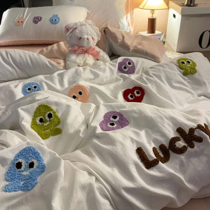 DecorBites™ Cotton Cartoon Towel Embroidery Bedding Set: Quilt Cover, Bed Sheet, Pillowcases