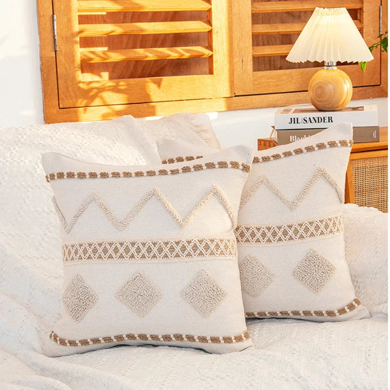 DecorBites™ Geometric Tufted Cushion Cover with Handmade Tassels & Patchwork