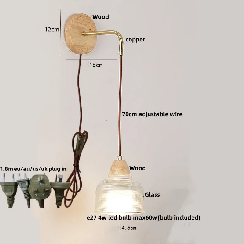 DecorBites™ Clear Glass LED Wall Lights with Wood Pull Chain Switch, Modern Art Bedside Lamp