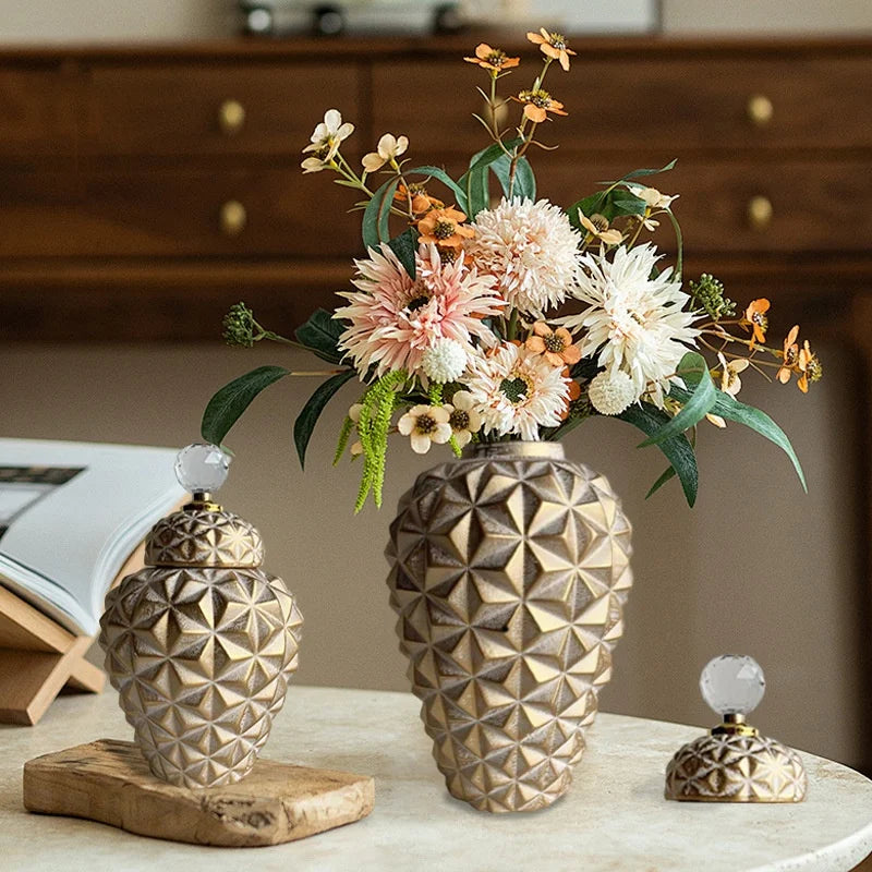 DecorBites™ Geometric Diamond Ceramic Vase: Stylish Flower Arrangement Décor Jar