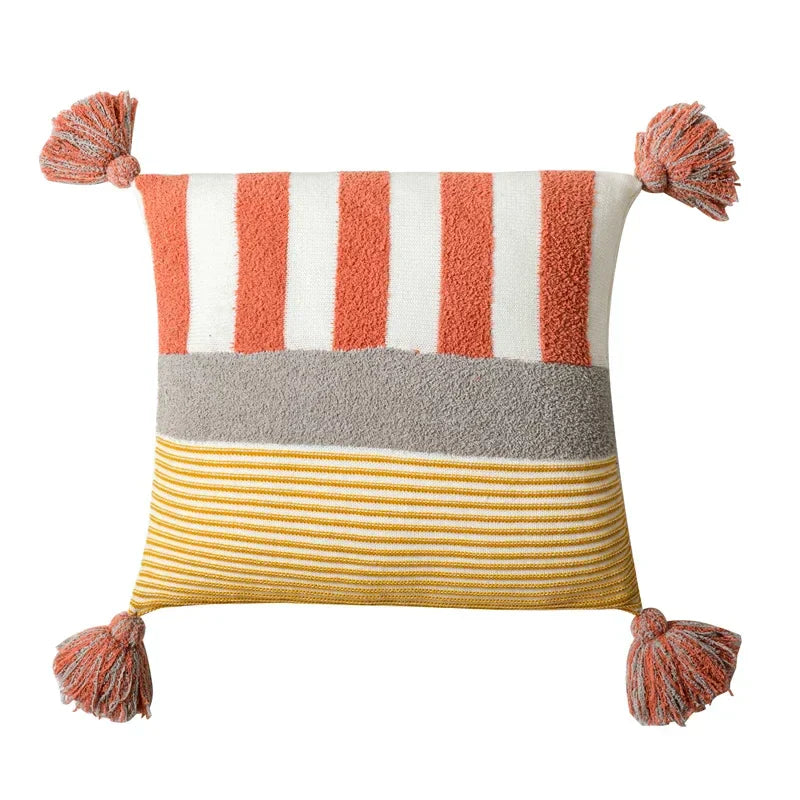 DecorBites™ Knit Stripe Pillow Cover Blue Pink Tassles 45x45cm Soft Living Room Bedroom