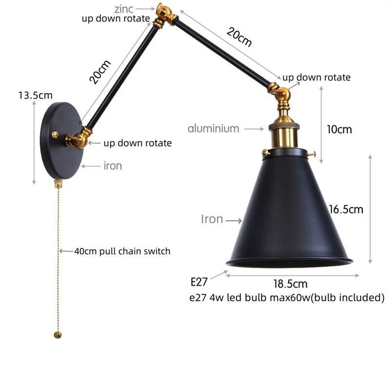 مصباح حائط DecorBites™ LED بذراع طويل مع مفتاح سحب لسلسلة للمنزل والفندق والحمام