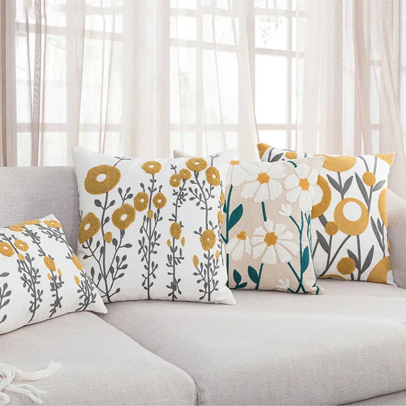DecorBites™ غطاء وسادة بتطريز هندسي بنقشة زهور الأقحوان أصفر أزرق 45x45 سم ناعم ومريح