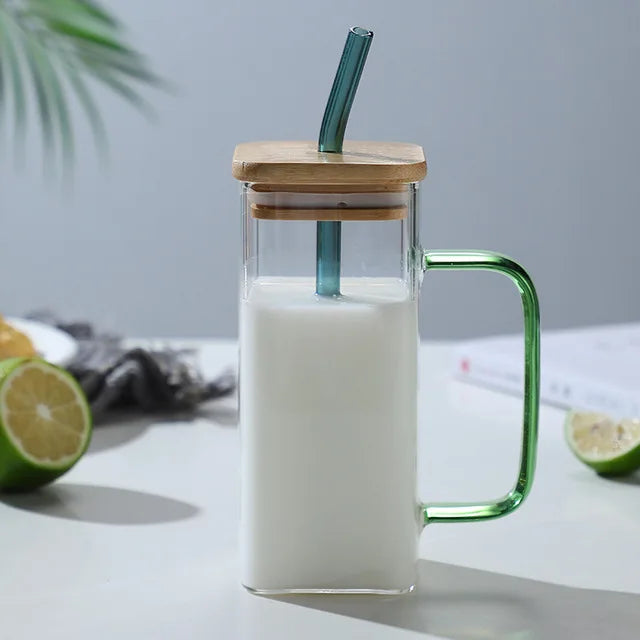 DecorBites™ 400ml Square Glass Mug with Lid and Straw | Versatile Party Beverage Cup