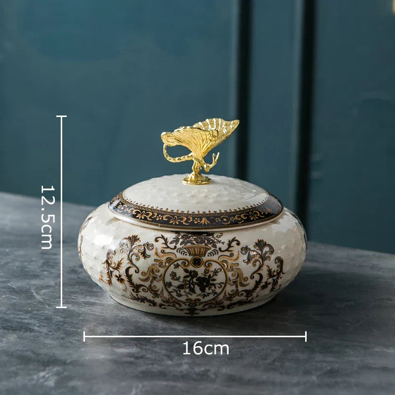 DecorBites™ Dragonfly Lid Ceramic Jewelry Box - Round Floral Pattern Storage Jar