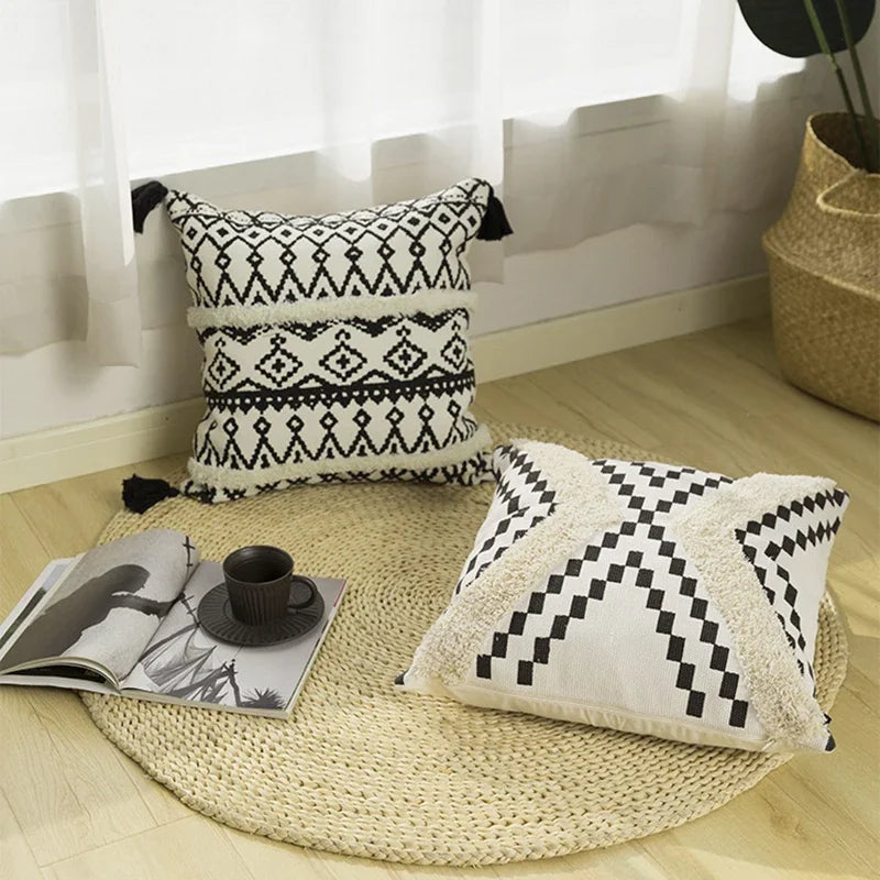 DecorBites™ Geometric Tufted Cotton Woven Cushion Cover 45x45cm for Home Sofa Bed Decor