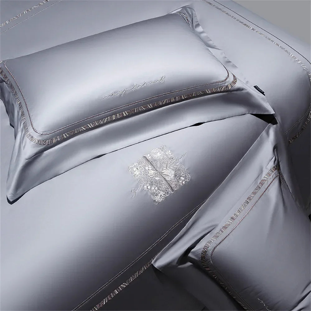 DecorBites™ Cotton Satin Jacquard Embroidery Bedding Set with Elastic Sheet & Duvet Cover