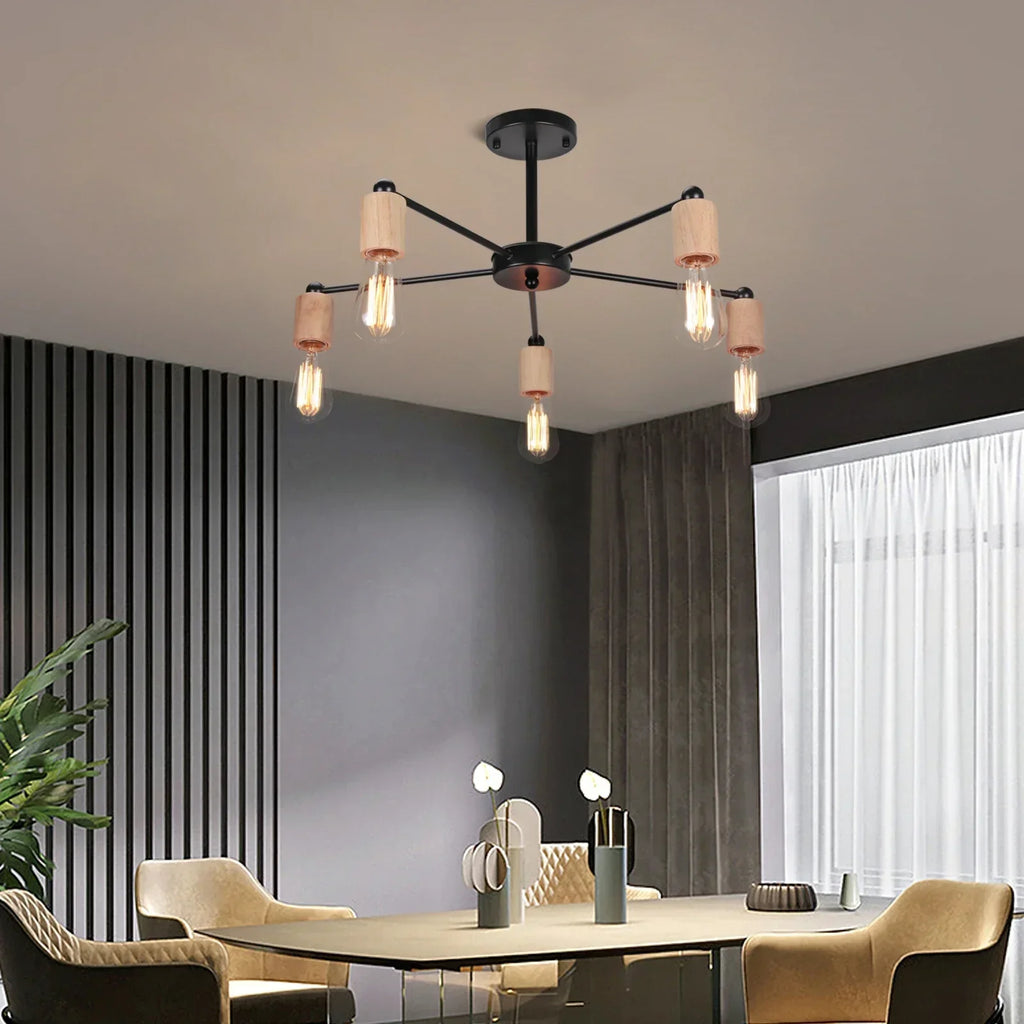 DecorBites™ Industrial Rod Iron Wood Sputnik Chandelier Ceiling Lamp LED E27 Home Lighting