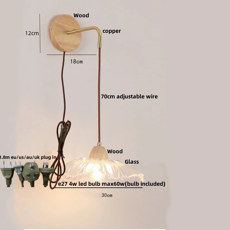 DecorBites™ Clear Glass LED Wall Lights with Wood Pull Chain Switch, Modern Art Bedside Lamp