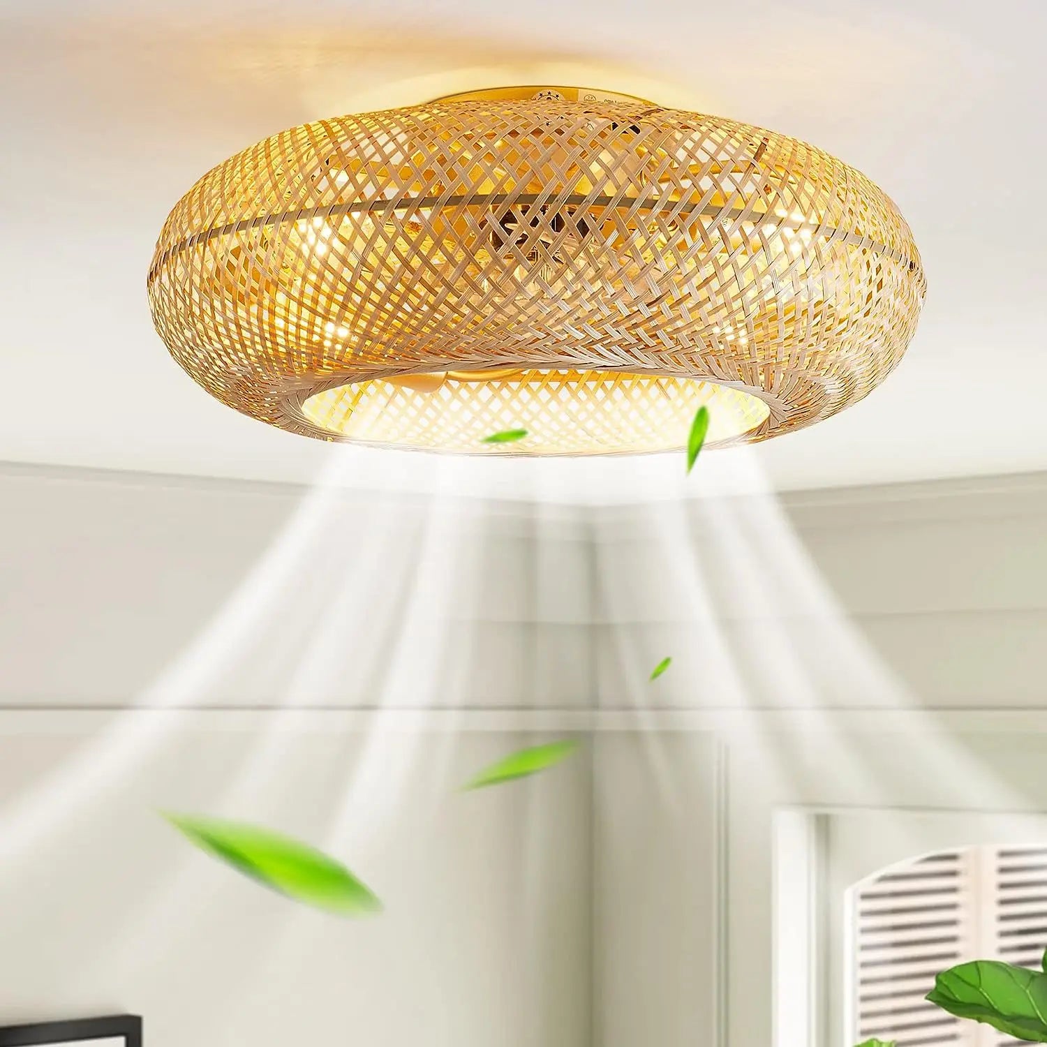 DecorBites™ Bamboo Ceiling Fan with Lights Remote Control Silent Retractable Blades 50cm