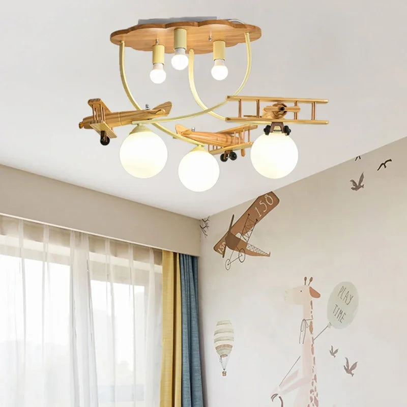 DecorBites™ Airplane LED Wooden Plane Chandelier for Kids Room, Boys Bedroom, Creative Lighting