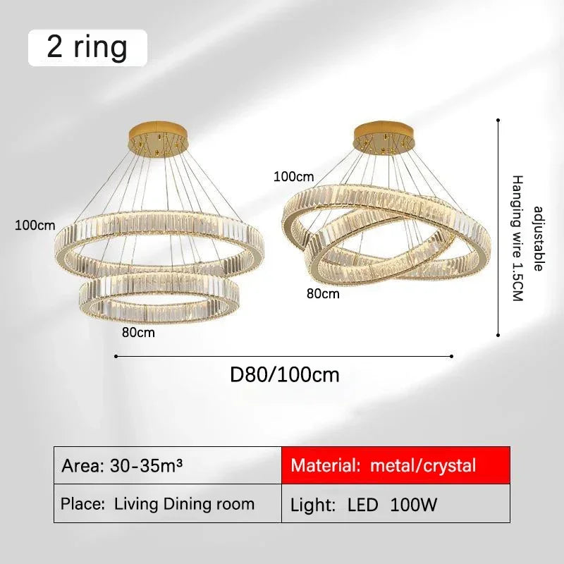 ثريا كريستال ذهبية من DecorBites™: هالة إضاءة LED فاخرة وعصرية بتصميم نورديك لغرفة المعيشة