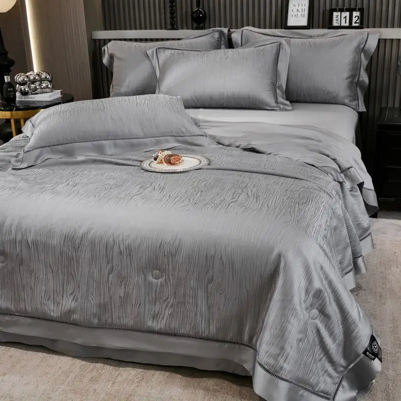 DecorBites™ Eucalyptus Fiber Jacquard Summer Quilt Set with Soft Silky Comforter, Sheet, Pillowcases