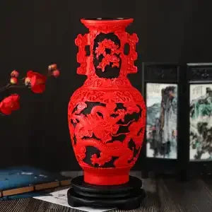 DecorBites™ 10-inch Red Lacquerware Flower Auspicious Vase
