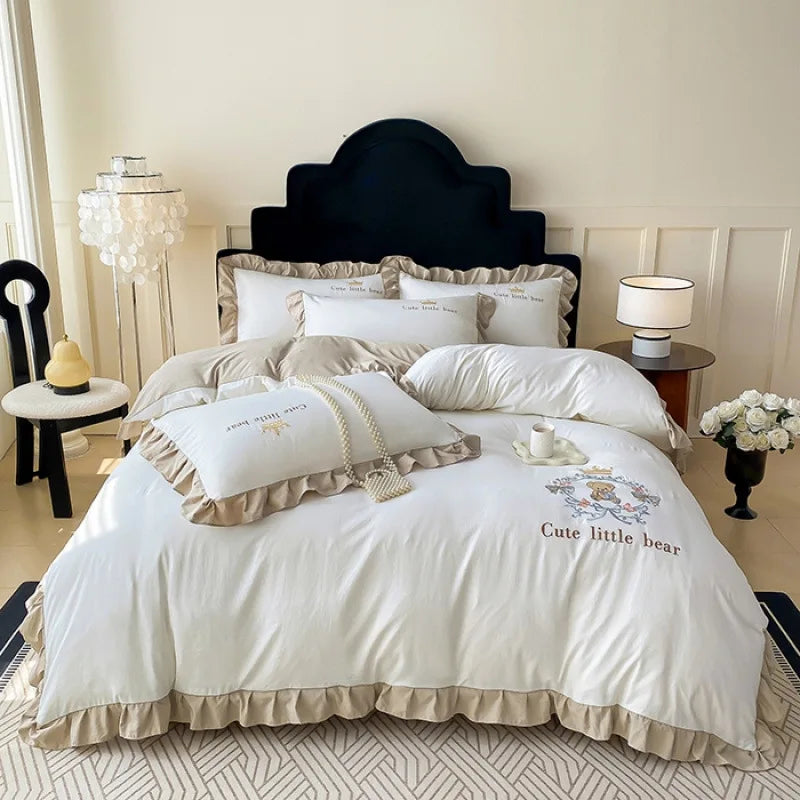 DecorBites™ French Embroidered Cotton Bed Skirt Set with Ruffled Edges
