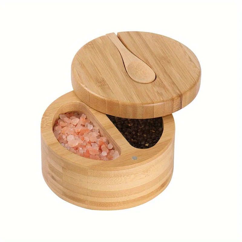 DecorBites™ Bamboo Seasoning Box with Spoon - Rotating Cover Spice Container