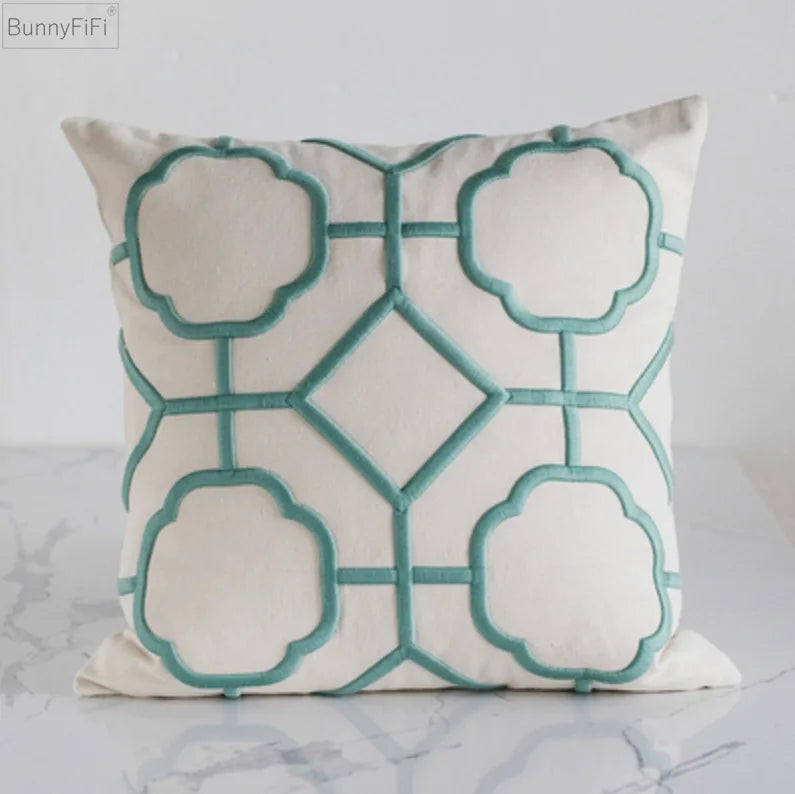 DecorBites™ Geometric Embroidery Cushion Cover Navy Blue White Yellow 50x50cm Home Decor Pillow