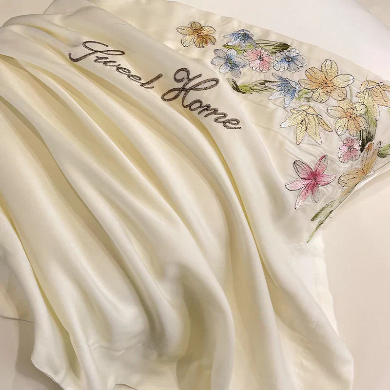 DecorBites™ Flowers Embroidery Silky Duvet Set with Comforter Cover & Fitted Sheet