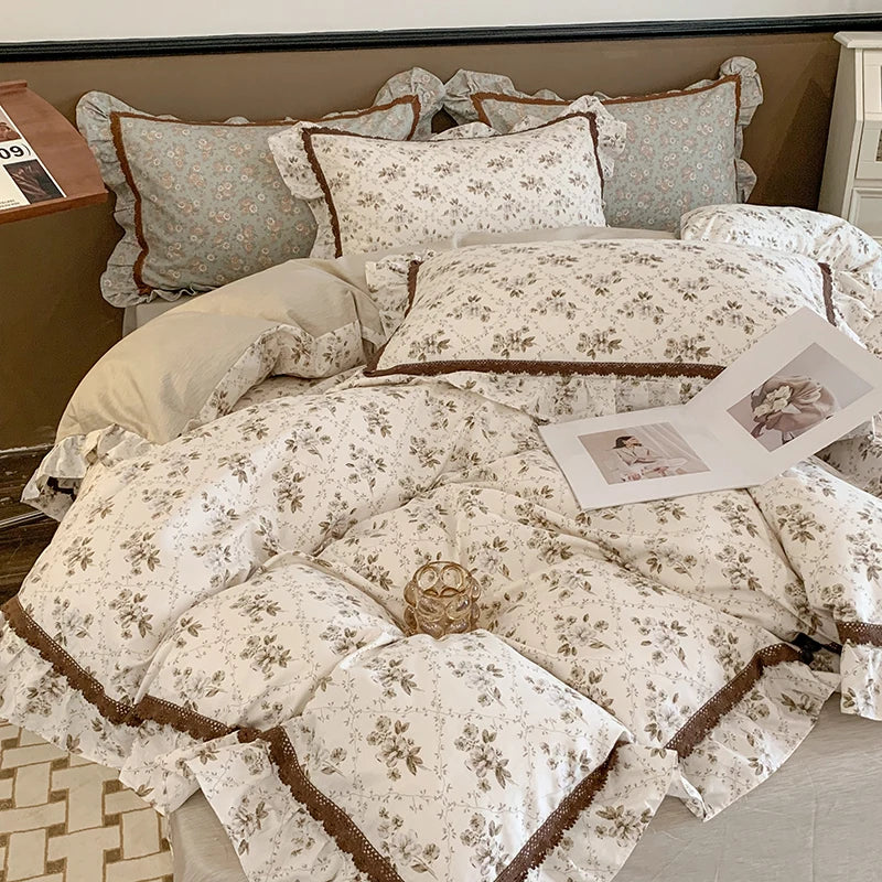 DecorBites™ French Floral Bedding Set, 100% Cotton, Ruffles, Duvet Cover, Bed Sheet, Pillowcases