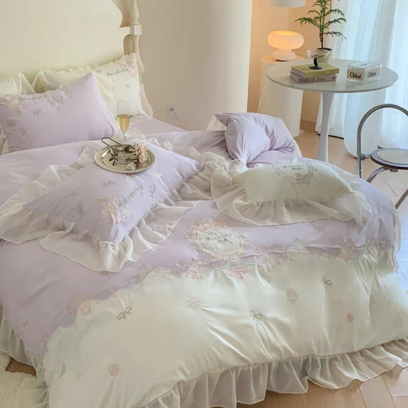DecorBites™ 4Pcs Flowers Embroidery Princess Queen Bedding Set with Lace Ruffles