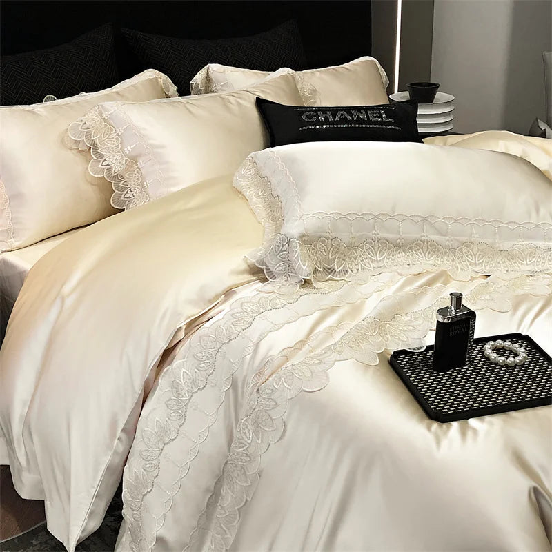 طقم ملاءات سرير فاخر من الدانتيل المرقع من الحرير والقطن DecorBites™ مقاس كوين وكينج