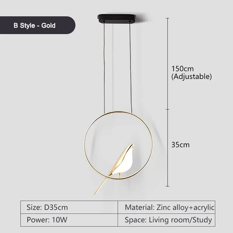 Rotatable Magpie Bird Metal Pendant Light in Gold or Silver
