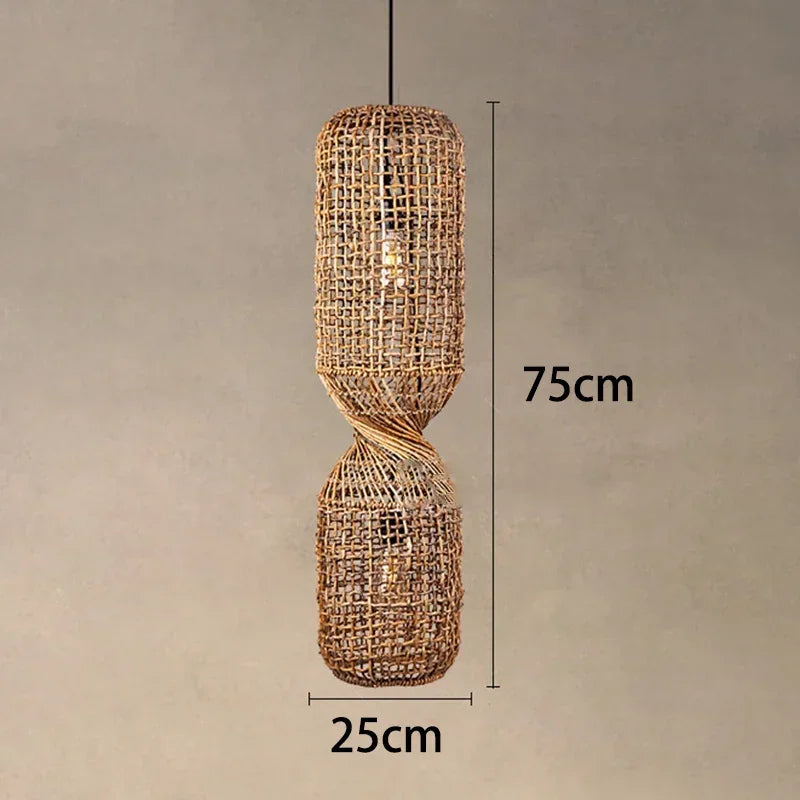 Vintage Hand-Woven Brown Rattan Cylinder Pendant Light