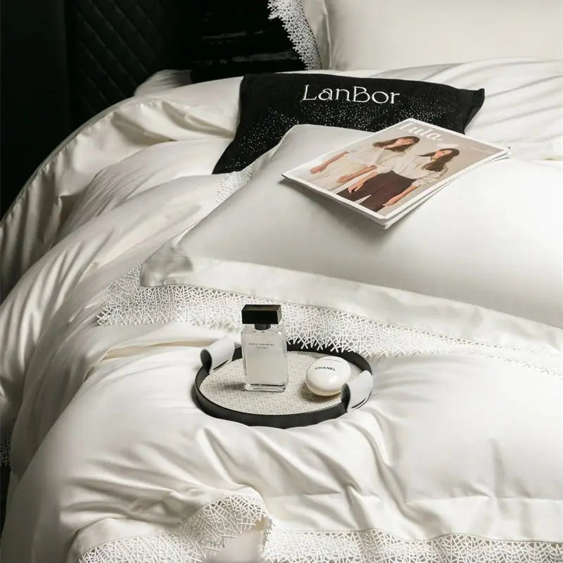 DecorBites™ French Lace Edge Bedding Set, 1000TC Egyptian Cotton, Queen King, Duvet, Sheet, Pillowcases