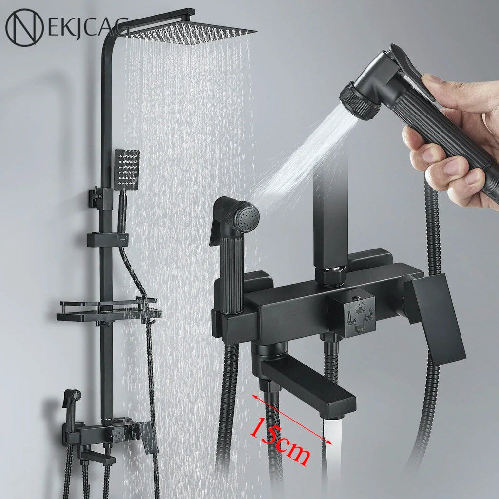 DecorBites™ Black Brass Shower Faucet Set with Rotatable Tub Spout and Rain Shower Column
