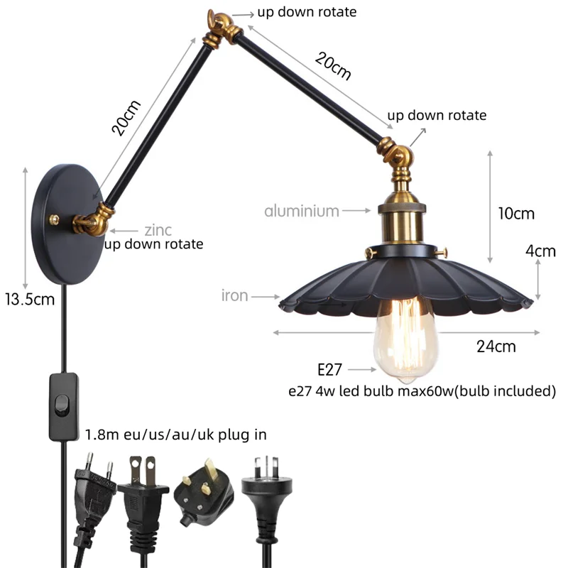 مصباح حائط DecorBites™ Gold Industrial LED مع مفتاح سحب بسلسلة لديكور المنزل