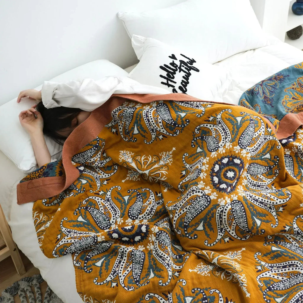 DecorBites™ Ethnic Cotton Blanket & Throw - Breathable Gauze Summer Quilt - Boho Decor Bedspread