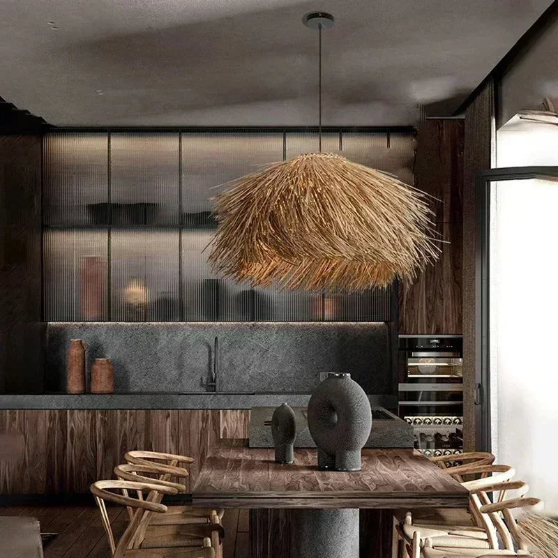 Handwoven Wicker Pendant Light in Natural Straw Shade